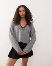 Monki fluffy knit v-neck sweater with lace trim in off white