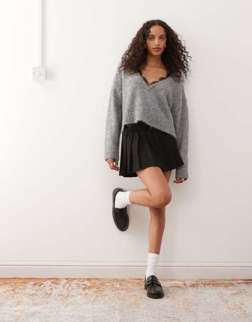 Monki fluffy knit v-neck sweater with lace trim in gray