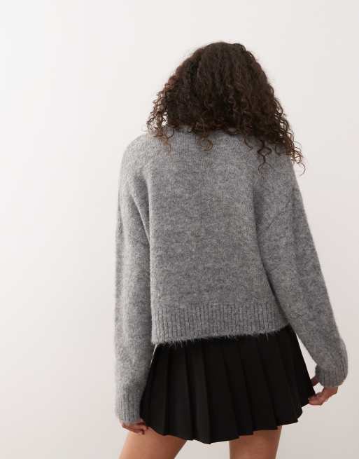 Monki fluffy knit v-neck sweater with lace trim in gray