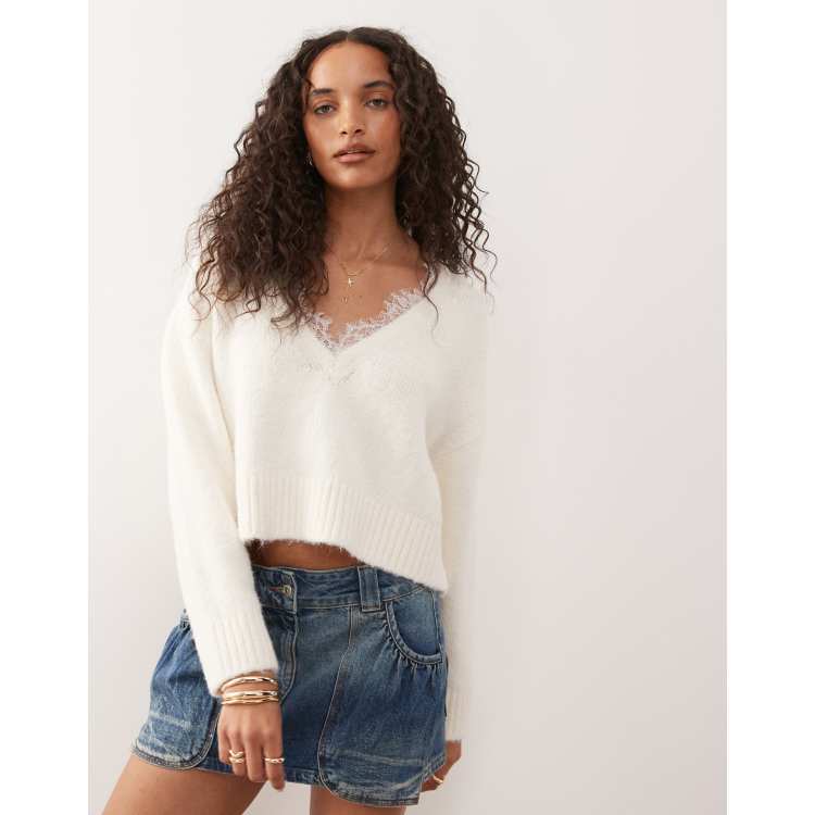 Monki fluffy knit v-neck sweater with lace trim in off white | ASOS