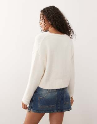 Monki Fluffy Knit V-neck Sweater With Lace Trim In White