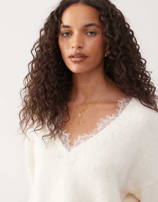 Monki fluffy knit v-neck sweater with lace trim in off white | ASOS