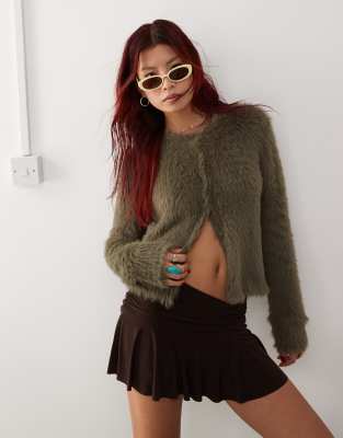 fluffy knitted cardigan in khaki green