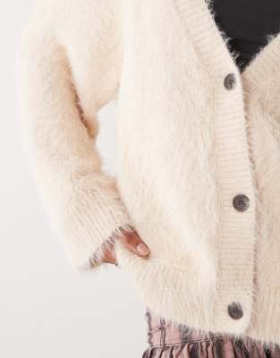 Monki Fluffy Knitted Oversized Button Front Cardigan In Pink