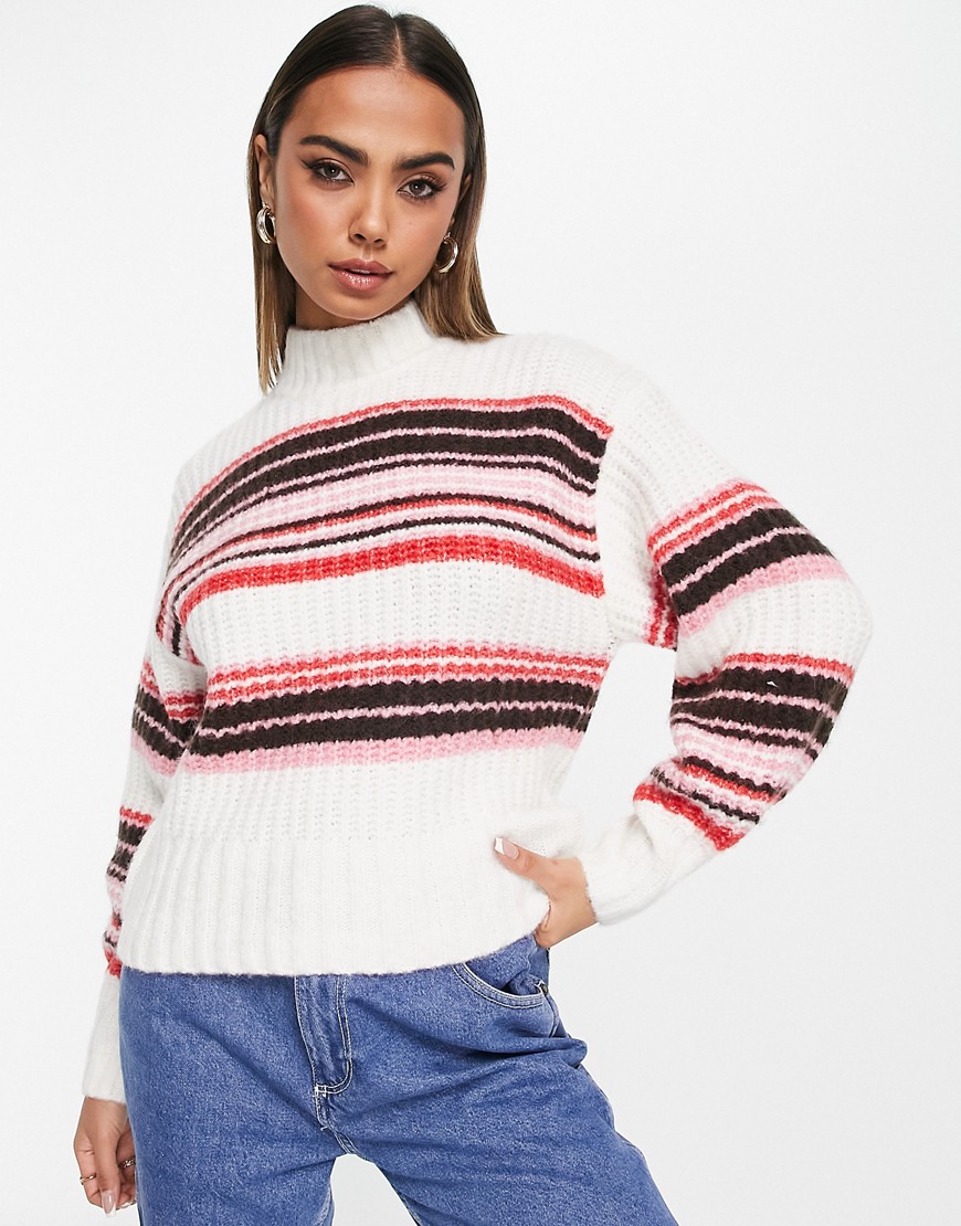 Monki Fluffy Knitted Sweater In Pink And Cream Stripe-multi