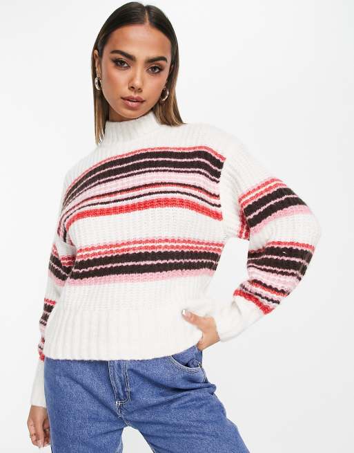 Monki fluffy knitted sweater in pink and cream stripe | ASOS