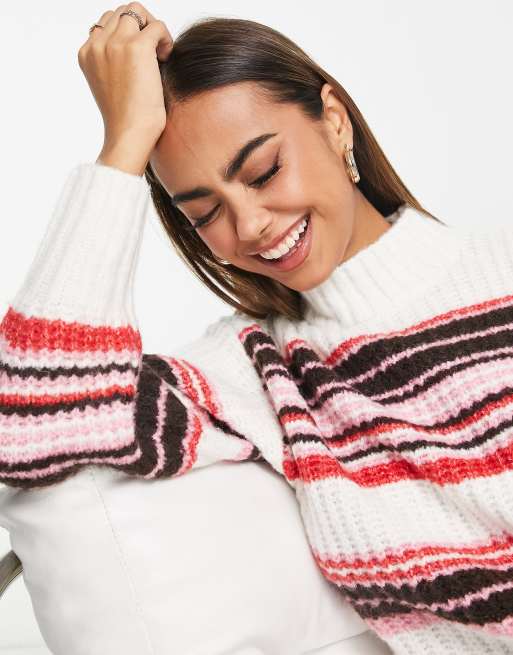 Monki fluffy knitted sweater in pink and cream stripe | ASOS