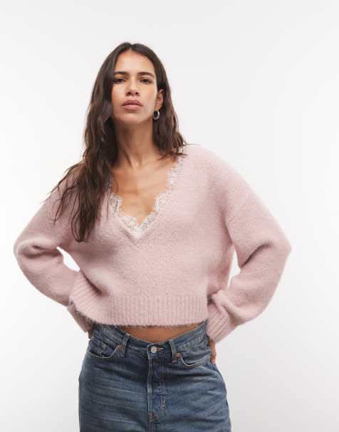 Monki fluffy knitted v-neck jumper with lace trim in dusty pink - view 1