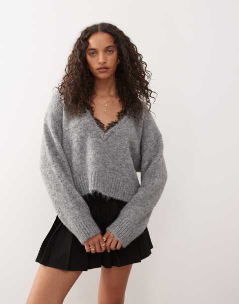 Monki fluffy knitted v-neck jumper with lace trim in grey - view 1