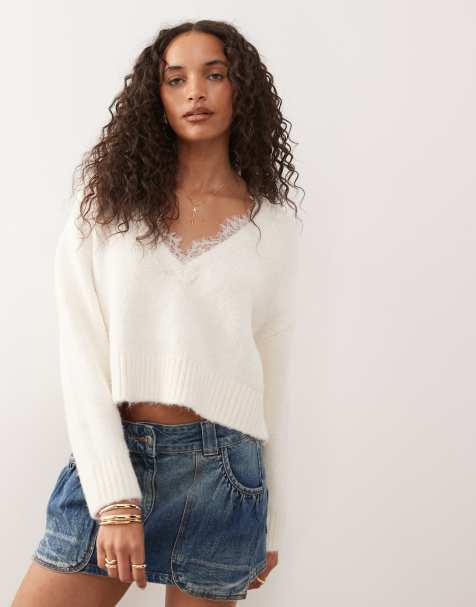 Monki fluffy knitted v-neck jumper with lace trim in off white - view 1