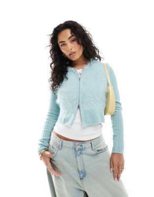 Monki Fluffy Rib Knit Two Way Zip Front Hooded Cardigan In Blue
