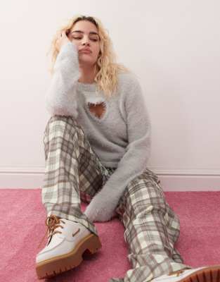 Monki Fluffy Sweater With Cut Out Heart In Gray