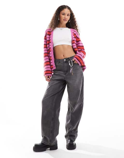 Monki fluffy yarn knit cardigan with V-neck in pink and red stripe