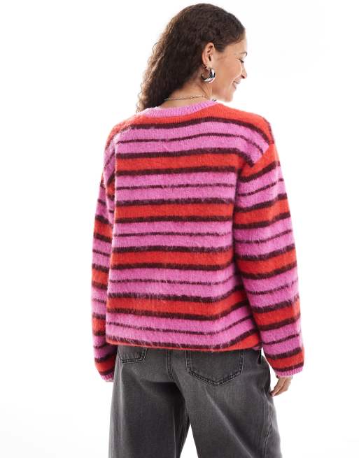 Monki fluffy yarn knit cardigan with V-neck in pink and red stripe