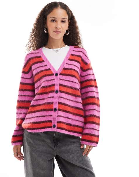 Monki fluffy yarn knitted cardigan with v neck in pink and red stripe - view 1