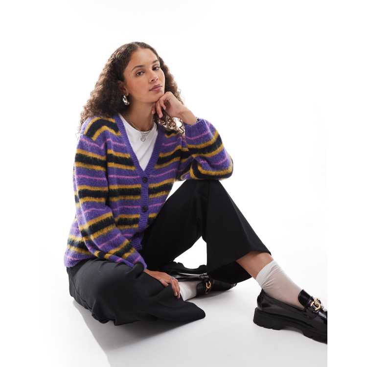 Monki fluffy yarn knitted cardigan with v neck in purple and black stripe ASOS