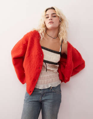 Monki fluffy yarn knitted cardigan with v neck in red