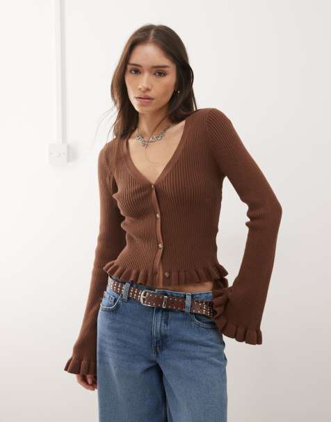 Monki fluted sleeve frill cardigan in chocolate brown - view 1