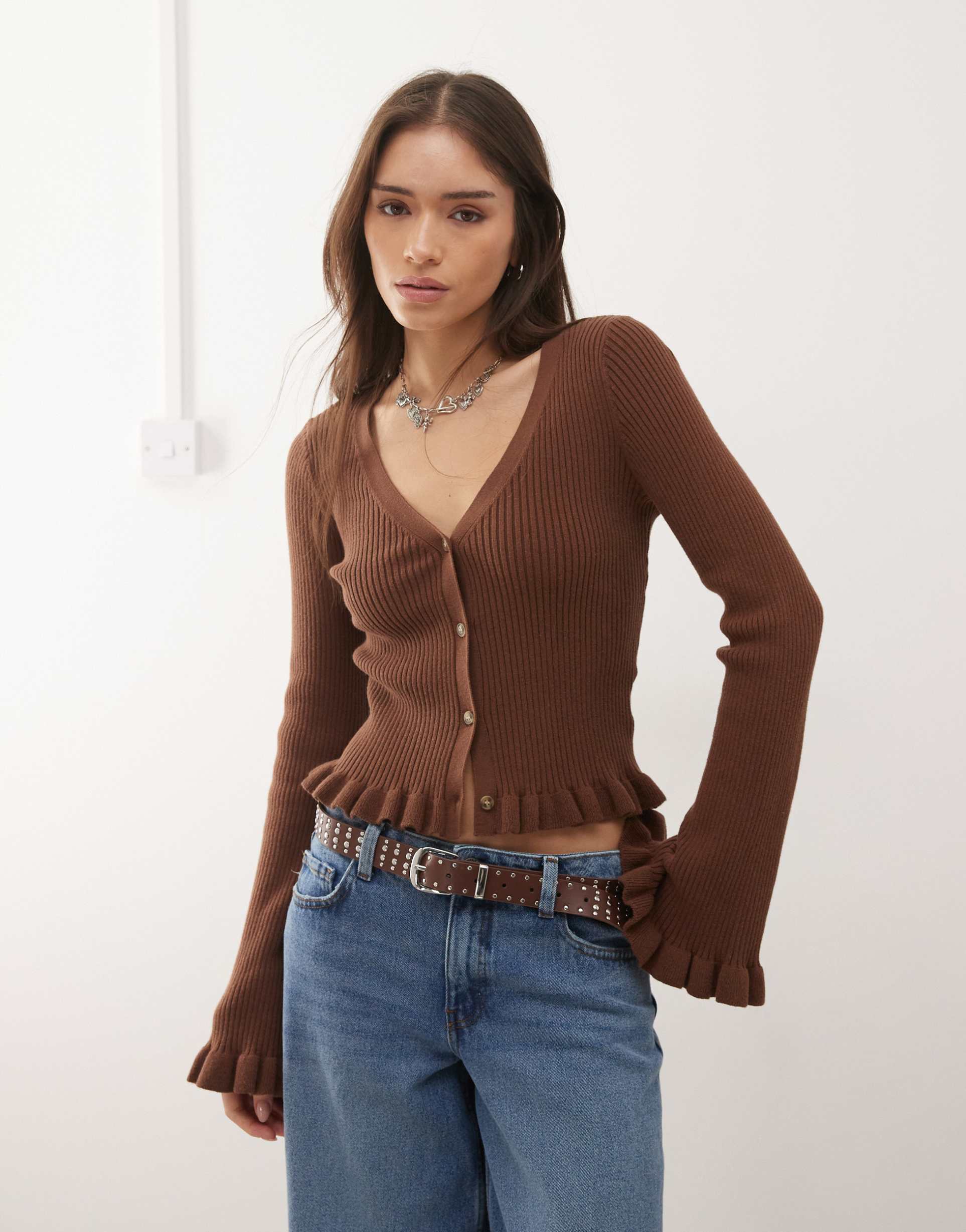 monki fluted sleeve frill trim cardigan in chocolate brown