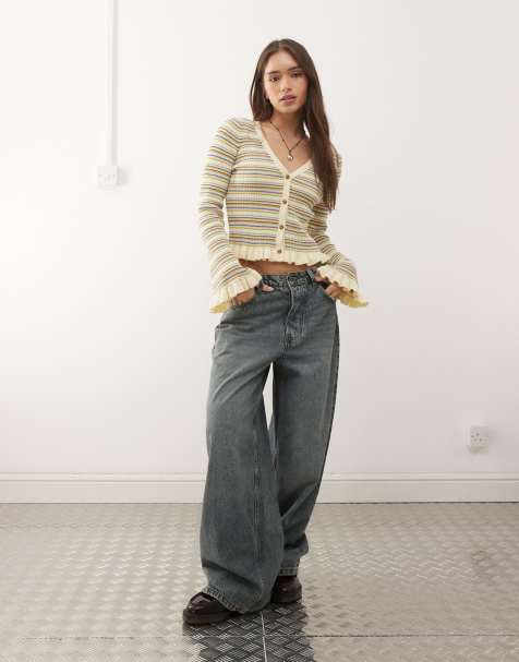 Monki fluted sleeves frill cardigan in yellow striped knit - view 1