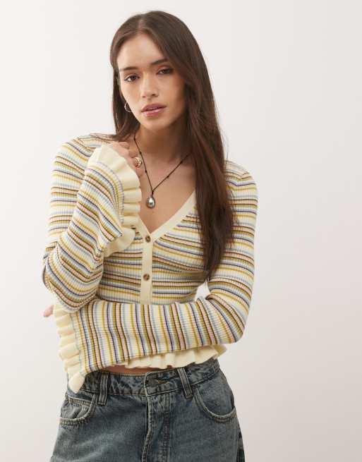 Monki fluted sleeves frill cardigan in yellow striped knit | ASOS