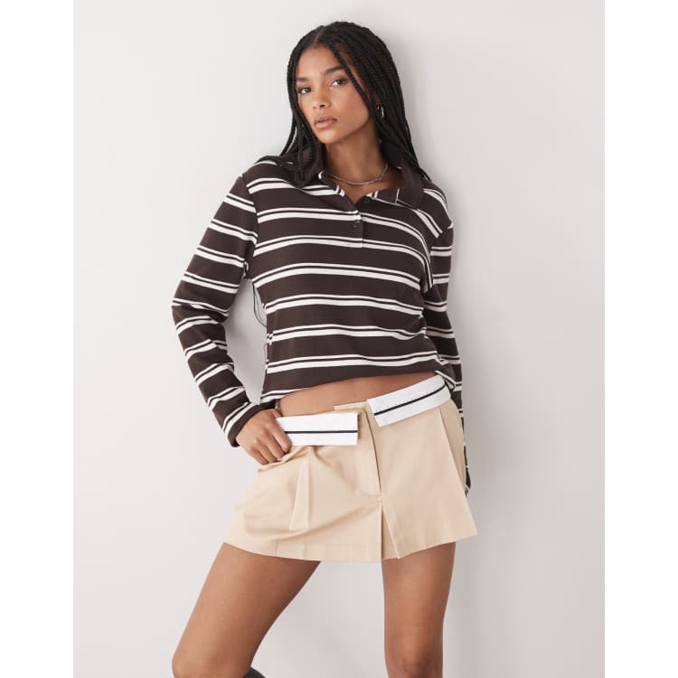 Monki fold over waistband pleated mini skirt in beige | ASOS