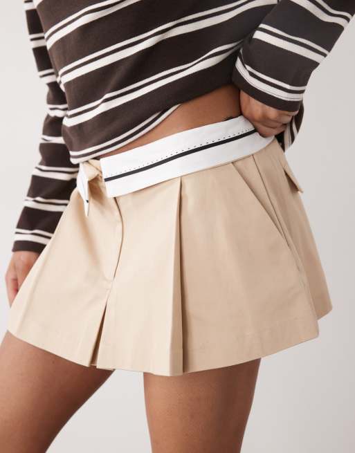 Monki fold over waistband pleated mini skirt in beige | ASOS