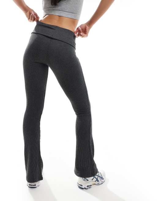 Monki fold over waistband ribbed flare pants in black, 5 of 5
