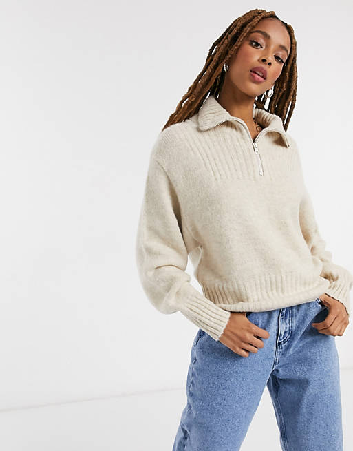 Monki Fonda zip up knitted jumper in beige | ASOS