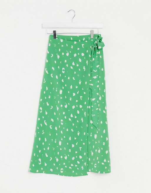 Monki Fran wrap spot print midi skirt in green