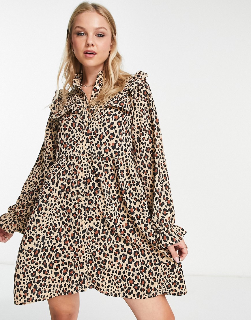 Monki frill detail mini dress in leopard print-Brown