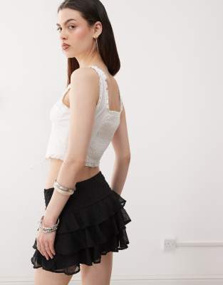 Monki frill edge corset top with lace up detail in white | ASOS