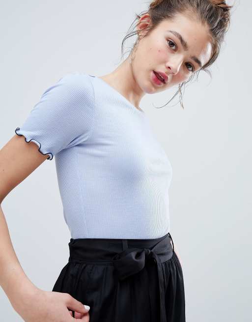 Monki frill edge ribbed t-shirt in light blue