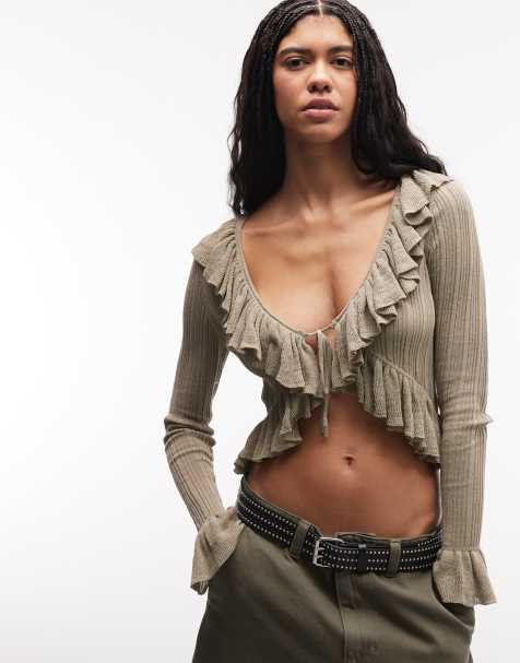 Monki frill knit cardigan in khaki - view 1