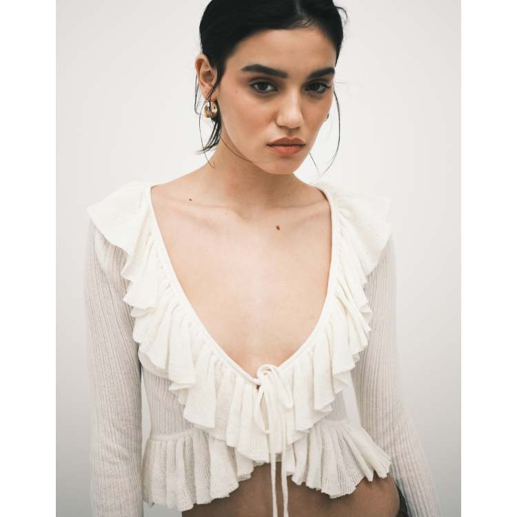 Monki frill knit cardigan in off white | ASOS