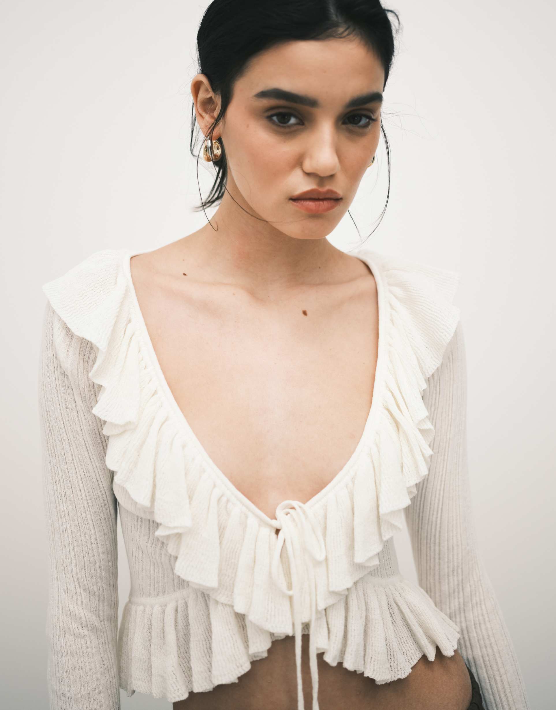 monki frill knit cardigan in off white