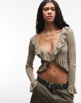 Monki Frill Trim Knit Cardigan In Gray