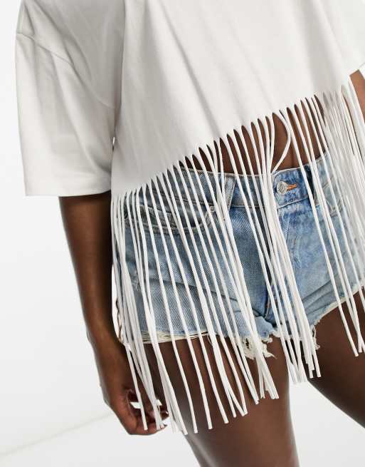 Monki fringe t shirt in white ASOS