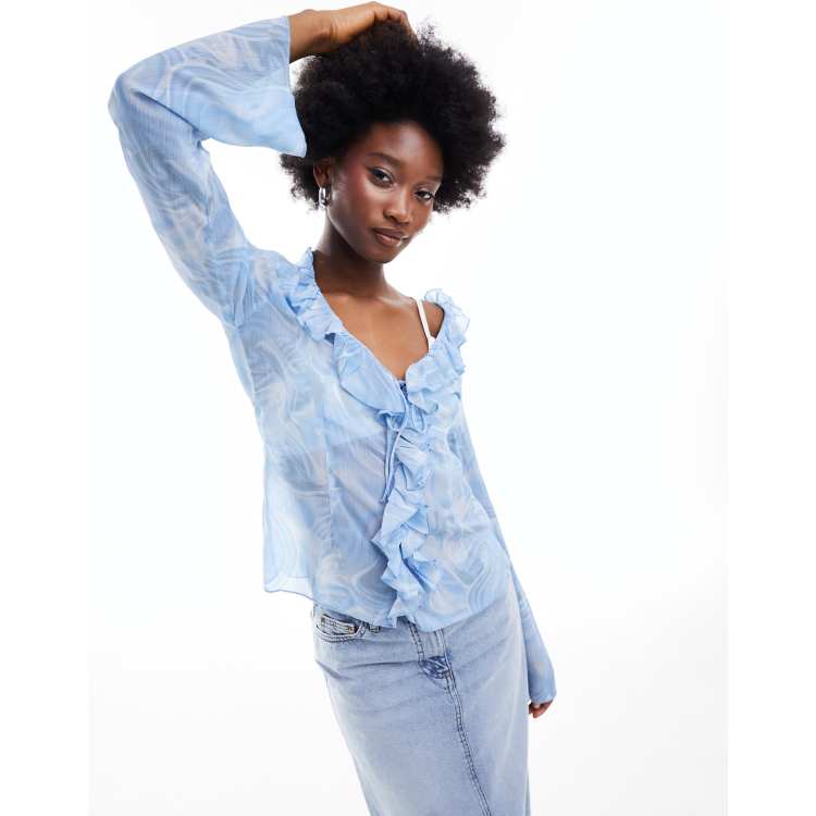 Monki front ruffle blouse in blue swirl print | ASOS