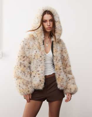 fur hooded jacket in cream snow leopard print-Brown