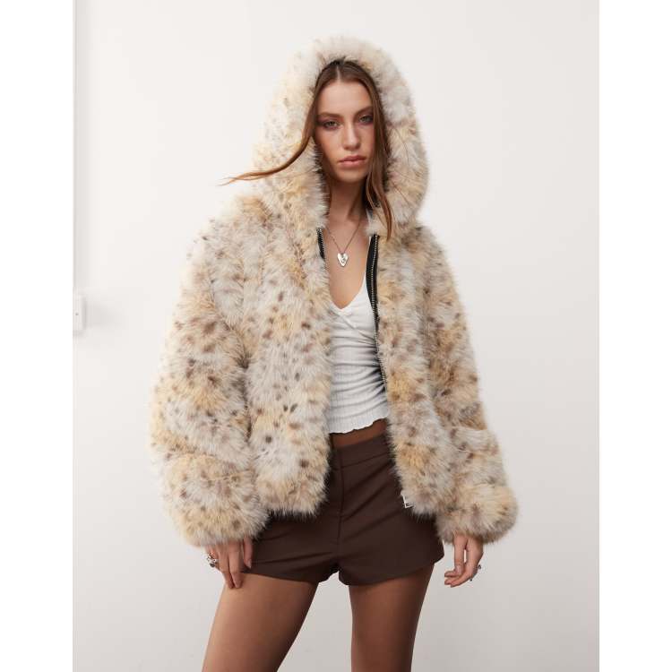 Monki fur hooded jacket in cream snow leopard print | ASOS