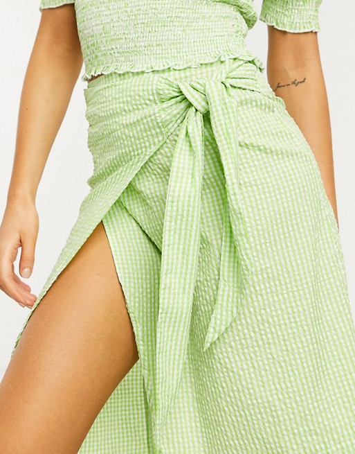 Monki Gab check print wrap midi skirt in green