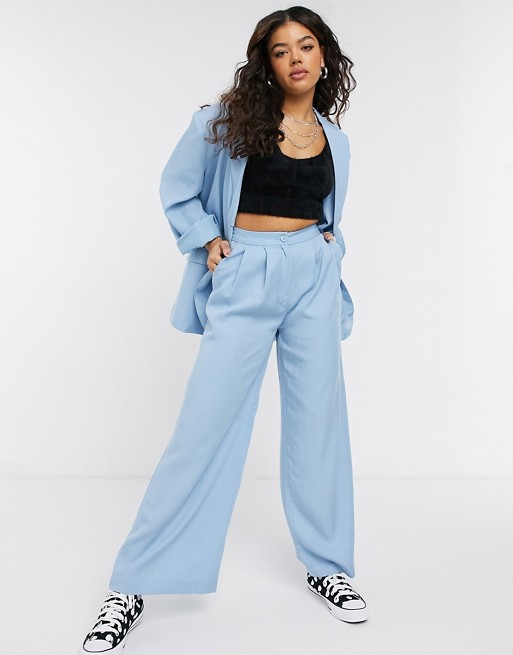 Monki Gaby suit co-ord wide leg pleated trousers in blue