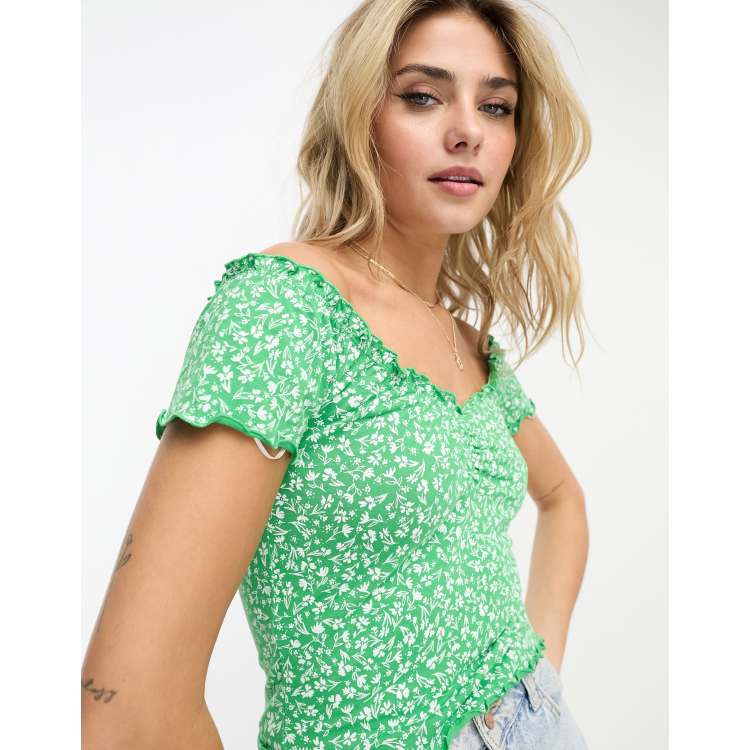 Monki gather detail off the shoulder top in green floral