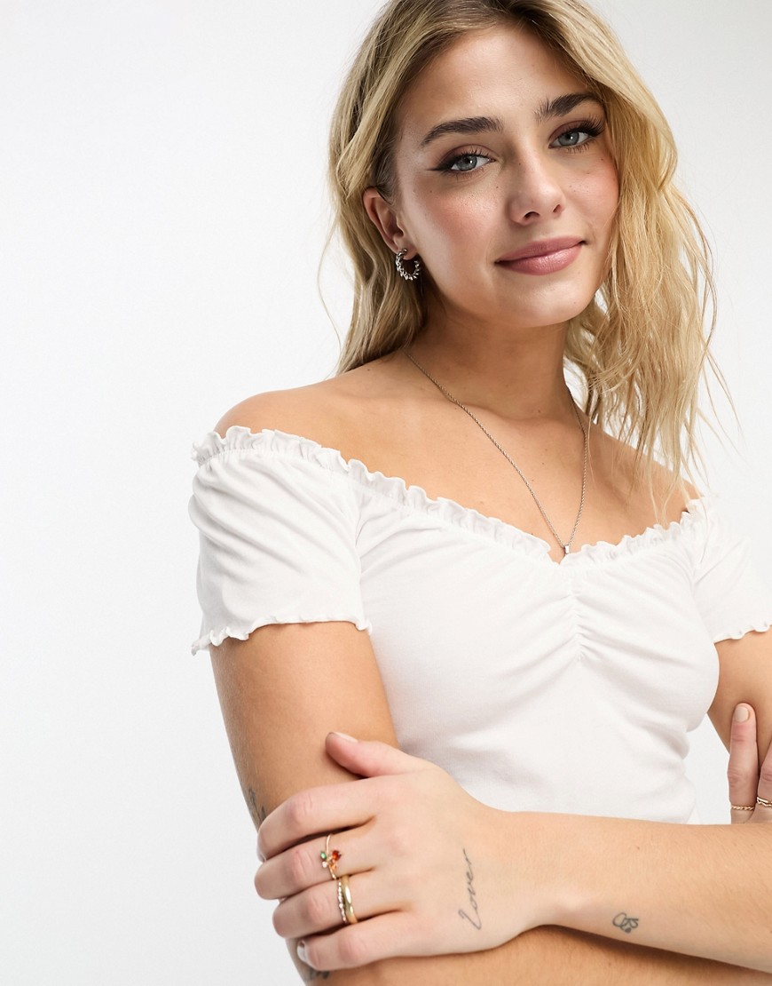 Monki gather detail off the shoulder top in white