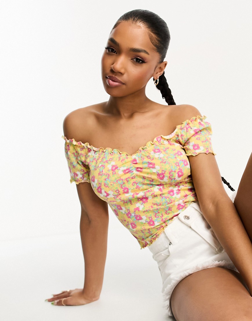 Monki gather detail off the shoulder top in yellow floral