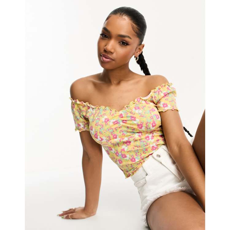 Monki gathered detail off-the-shoulder top in yellow floral | ASOS