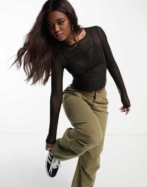 Monki gathered front mesh top in black - view 1