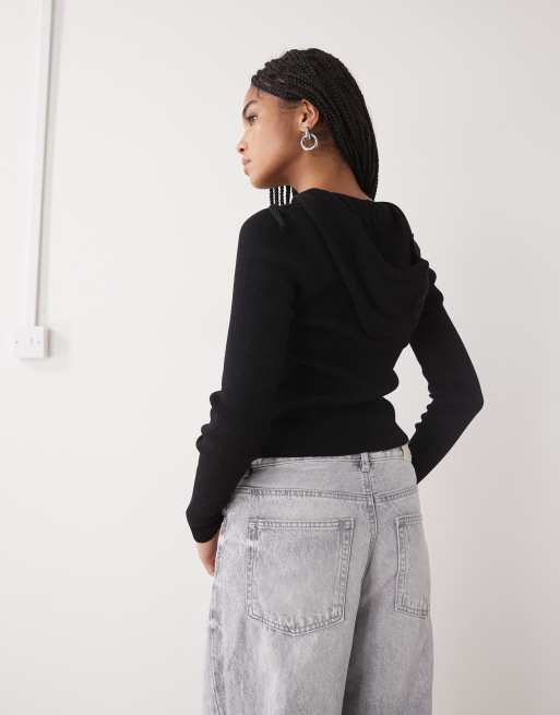 Monki - Gebreid hoodie-vest met rits in zwart, 4 van 4