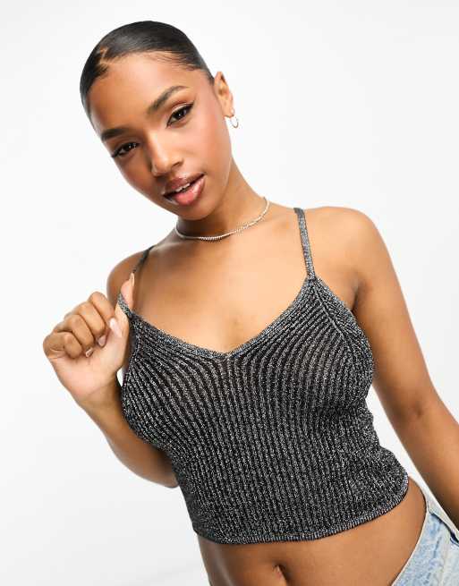 Monki - Gebreide camitop van metallic zwart garen